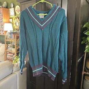 Vtg Cape Isle Knitters Chunky Cable V‎ Neck Sweater SZ M Cricket Rugby Tennis
